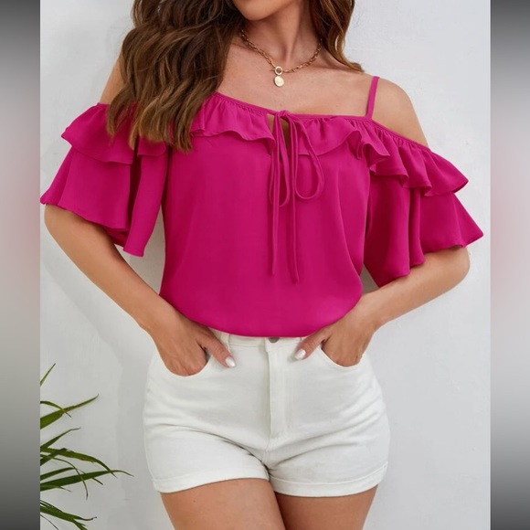 Boho cold shoulder knot front ruffle hem blouse - Picture 4 of 16